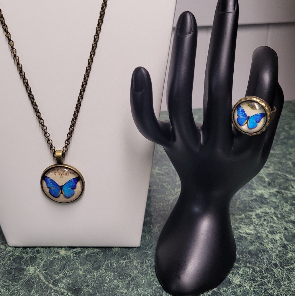 Elegant Blue Butterfly Pendant Necklace and Ring Set Handmade NWT